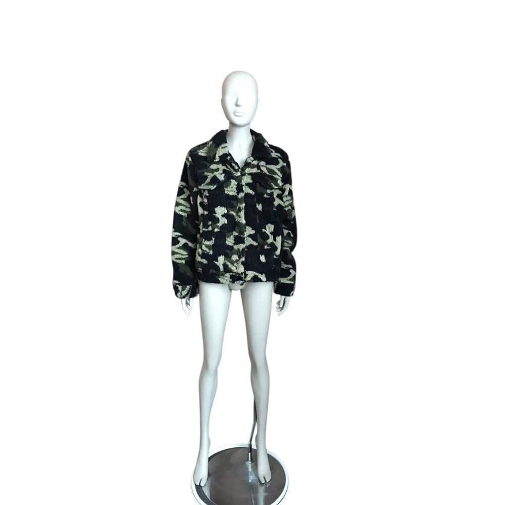 BlankNYC Camouflage Fuzzy Button Up Jacket